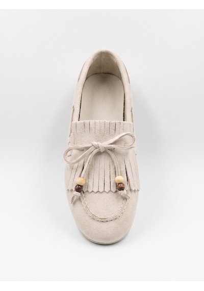 Giamgia Store Püsküllü Boncuk Detaylı Krem Süet Makosen Loafer Ayakkabı-2366