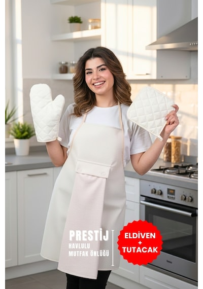 Prestij 4lü Set Sıvı Geçirmez Su Geçirmez Mutfak Önlüğü Eldiven Tutacak Krem Krem