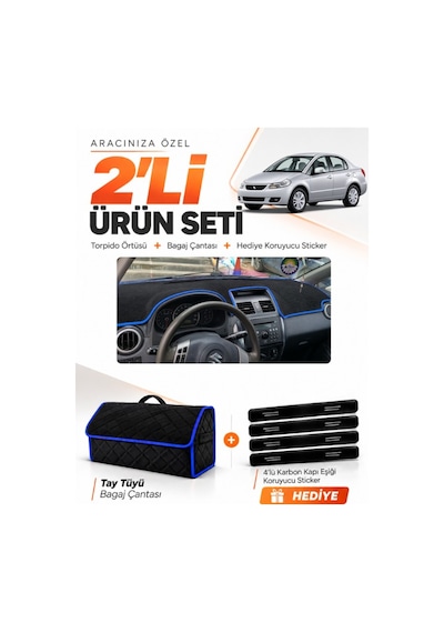Suzukı Sx-4 2006-2014 Uyumlu Torpido Örtüsü + Tay Tüyü Bagaj Çantası + Sticker Seti - Siyah Mavi