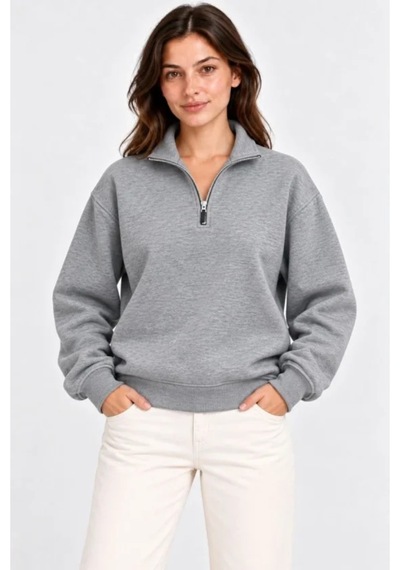 Butik İstanbul Üç İplik İçi Şardonlu Dik Yaka Yarım Fermuarlı Kışlık Sweatshirt - Gri