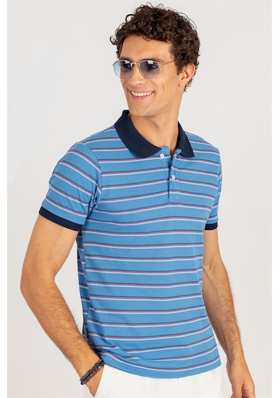 Tudors Slim Fit Dar Kesim Çizgili Polo Yaka Pike T-Shirt-24259 Mavi