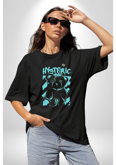 Histerik Pamuklu Bisiklet Yaka Unisex Oversize Boyfriend Dijital Baskılı Siyah T-shirt Siyah