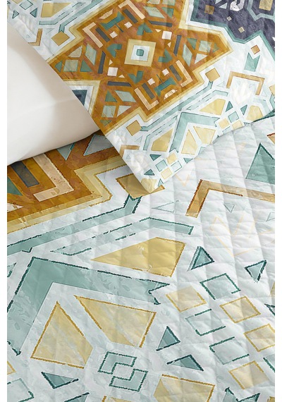 Turkuaz Etnik Geometrik Tek Kişilik Pike Takımı - Bohem Hardal Lacivert 160x220 Cm Yatak Örtüsü Naif Kervan Sessizliği