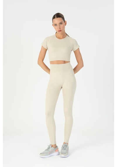 Maraton Slimfit Kadın Bisiklet Yaka Bej- Crop Top Bej-