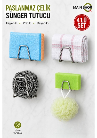 Mainshop 4 Adet Bulaşık Süngeri Tutacağı Paslanmaz Çelik Yapışkanlı Sünger Tutucu Çok Amaçlı Askı M-sng1 Gümüş