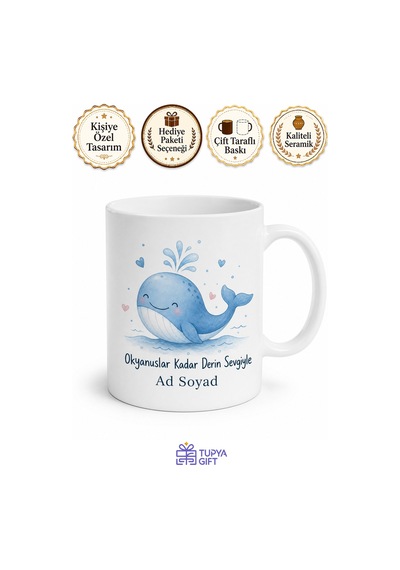 Balina Desenli Sevimli Tasarım Baskılı Kupa Bardak Hediye Porselen Mug Beyaz / Çok Renkli