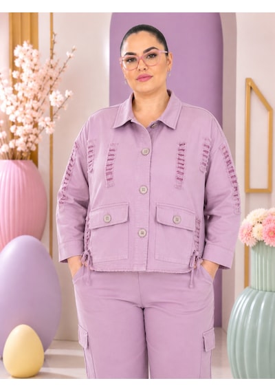 Büyük Beden Yakalı Düğme Detaylı Bağcıklı Ön Cepli Denim Kadın Ceket Pembe