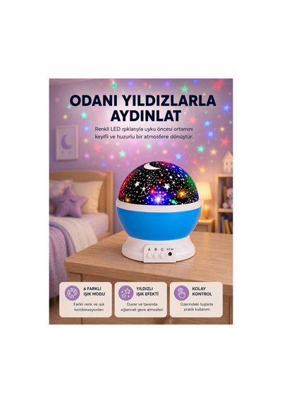 Astraltech Renkli Led Gece Lambası 6 Işık Modlu Çocuk Odası Atmosfer Aydınlatma Altın