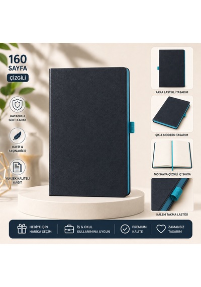 Modern Tasarım Lastikli Ajanda/defter Siyah - Mavi