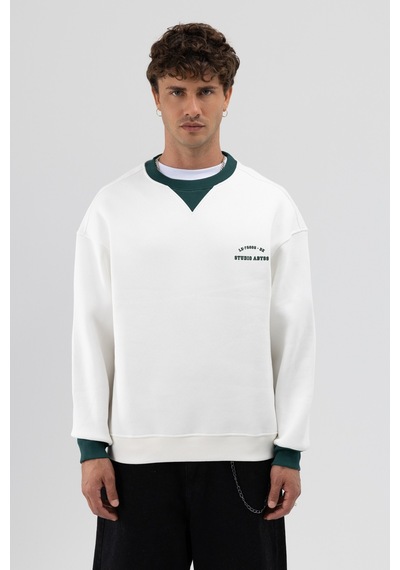 Vamos Oversize Bisiklet Yaka Baskılı Sweatshirt V70-91 Ekru