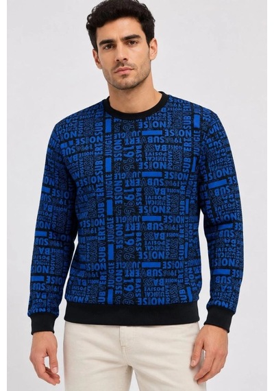 Freedom Storee Erkek Siyah Mavi Yazı Desenli İki İplik Şardonlu Sweatshirt Çok Renkli