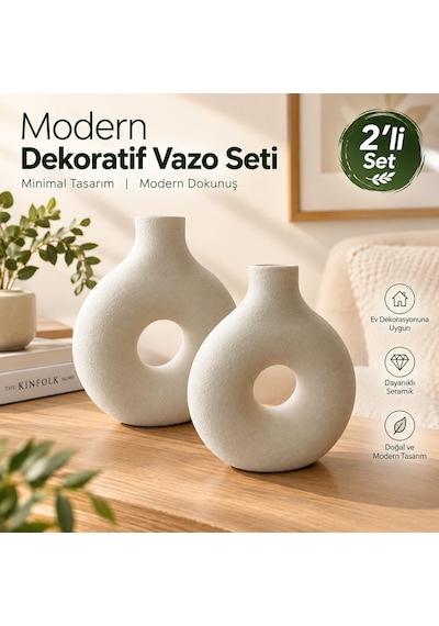 Modern Dekoratif Vazo Seti 2'li Beyaz