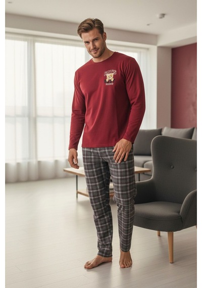 Siyah İnci Deve Baskılı Uzun Kollu Örme Pijama Takım Bordo