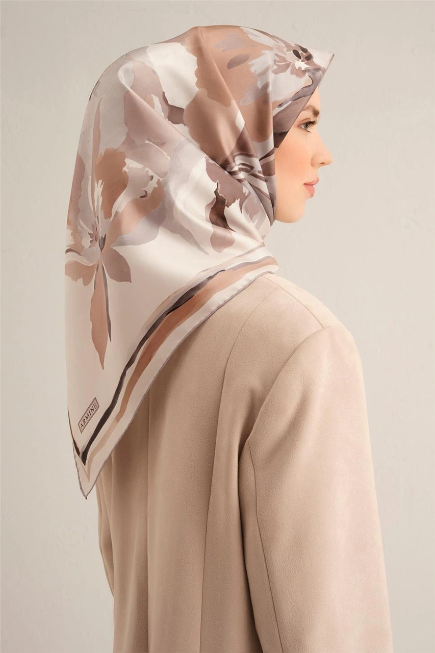 Armine Çiçek Desenli Saf İpek Twill Eşarp 9340d 86 BEj