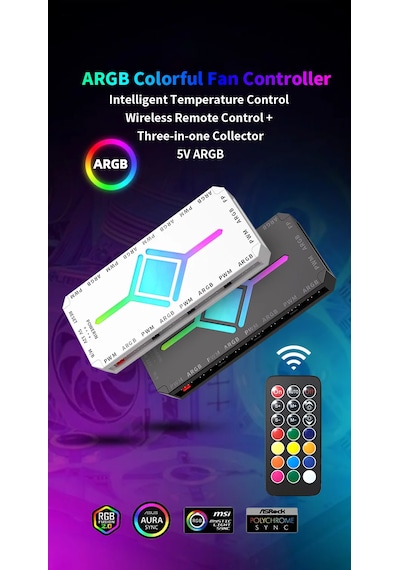 Atheron 9+9 Port Pwm Argb Fan Kontrolcü 5v 3 Pin Senkron 4 Pin Pwm Kablosuz Kumandalı Manyetik Fan Hub Beyaz Siyah - Argb