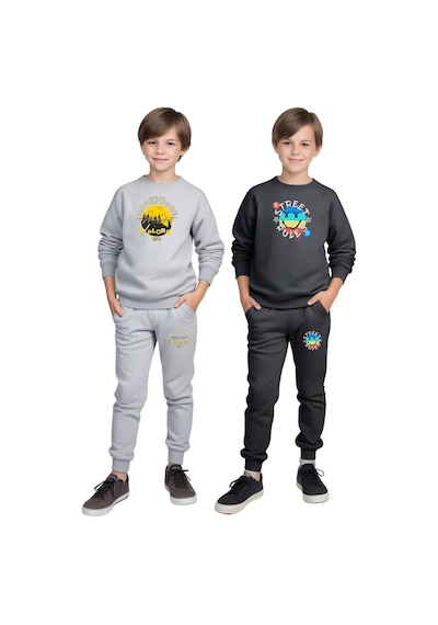 Fyk Kids 2'li Erkek Çocuk Yuvarlak Yaka Baskı Detaylı Eşofman Takımı Gri - Füme