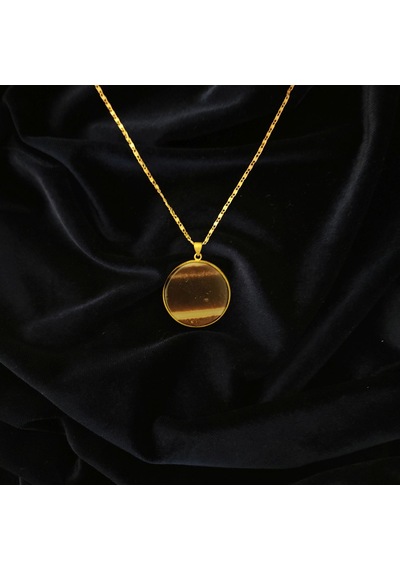Doğal Kahverengi Bantlı Akik Taşlı Yuvarlak Gold Çerçeveli Kolye