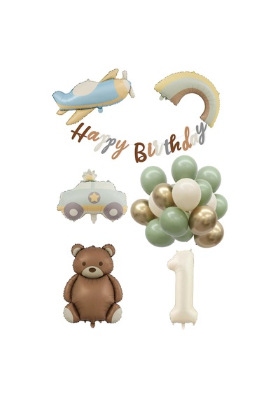Retro 1 Yaş Doğum Günü Seti Uçak, Araba, Gökkuşağı, Ayıcık Ve 10 Balon Set Çok Renkli