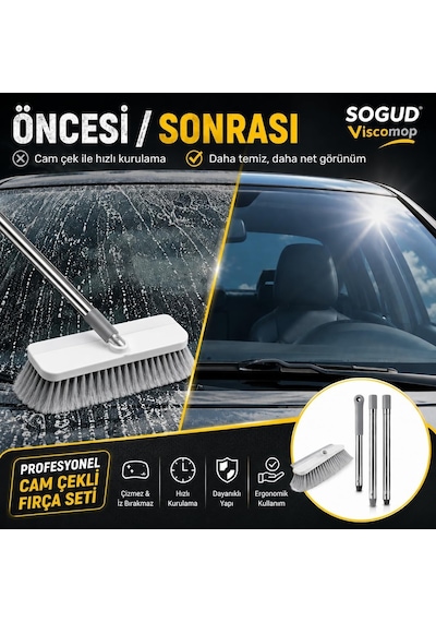 Viscomop Oto Yıkama Fırçası - Cam Çekli Araç Temizlik Seti, 3 Parçalı Metal Sap, Yumuşak Kıllı Çekçek, Arab Diğer