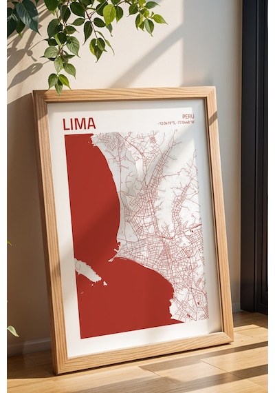 Lima Peru Haritası Çerçeveli Tablo Lüks Salon Ofis Duvar Dekorasyonu Hediyelik Tablo Kayın