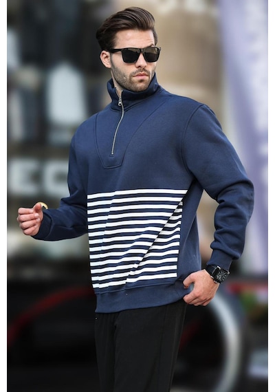 Madmext Lacivert Fermuar Yakalı Çizgili Sweatshirt 7056-lacivert Lacivert