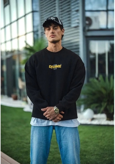 Assema Erkek Üç İplik Pamuklu Kışlık Bisiklet Yaka Baskılı Sweatshirt - Siyah Çok Renkli