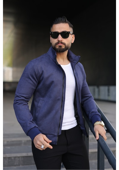 Baselco Dik Yaka Slim Fit Mevsimlik Astarlı Süet Ceket Lacivert