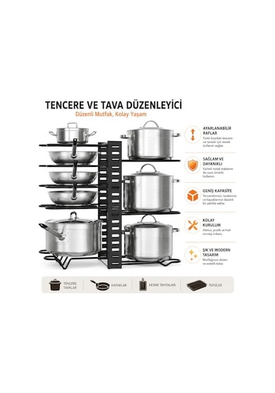 Tr Çift Taraflı Kullanılabilir Ayarlanabilir Tencere Tava Organizeri, Kapak Organizeri Ve Dolap İçi Düzenleyici, T Genel