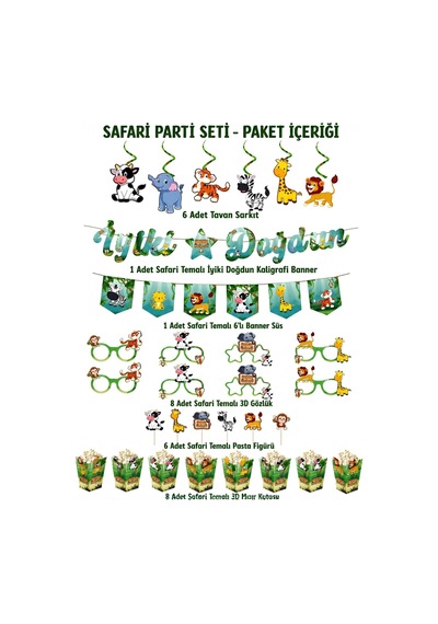 Safari Temalı Doğum Günü Parti Seti İyi Ki Doğdun Banner, Tavan Sarkıt, Gözlük, Pasta Süsü Ve Mısır Kutusu Yeşil