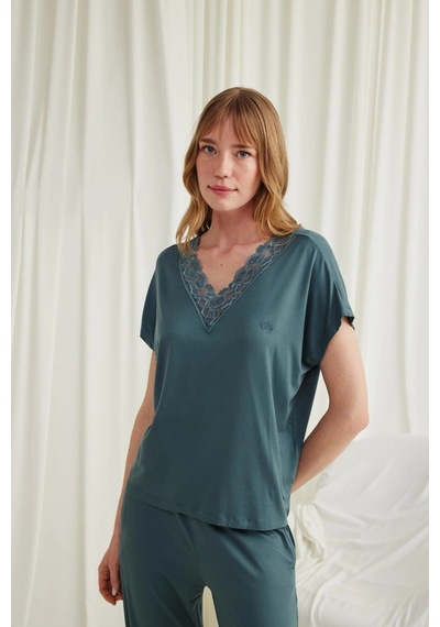 Aria's Closet Arias Closet Kısa Kollu V Yakalı Dantelli Pijama Takımı Yeşil