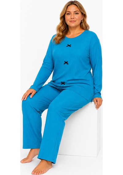Sleeproom Büyük Beden Kadın Kaşkorse Mevsimlik Mavi Pijama Takımı