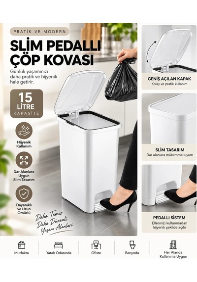 Slim Pedallı Banyo Mutfak Çöp Kovası - 15 Litre Beyaz