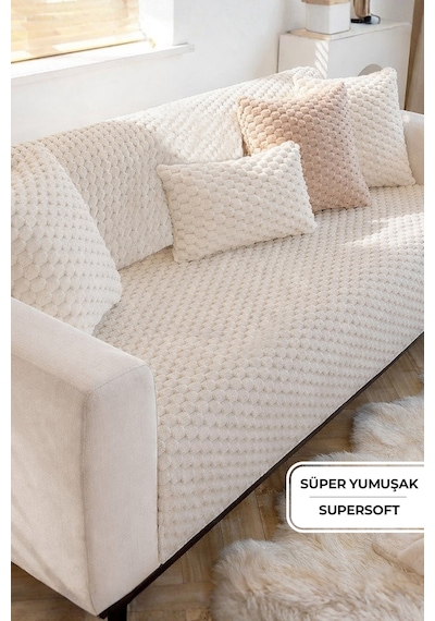 Soft Kürklü Koltuk Örtüsü 170x215 Cm Yumuşak Peluş Kaymaz Taban Kanepe Örtüsü Bej