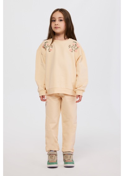 Panço Kız Çocuk Nakış Detaylı Bej Sweatshirt Krem