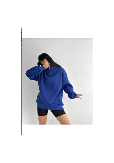 Macklin Unisex Kadın Erkek Baskısız Yarım Fermuarlı Dik Yaka Basic Sweatshirt Mavi Mck0602 Mavi