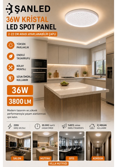 36w Kristal Beyaz Işık Led Spot Panel 3800 Lümen 2-22 Cm Ayarlanabilir Çaplı Tavan Aydınlatma 4 Adet