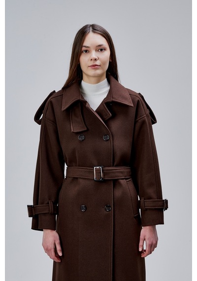 Acı Kahve Kuşaklı Oversize Kaşe Kaban 44577 Kahverengi