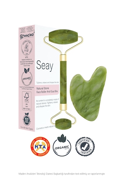 Seay Yeşim Face Roller ve Kalp Gua Sha Yüz Masaj Aleti Seti Premium Doğal Taş Sertifikalı