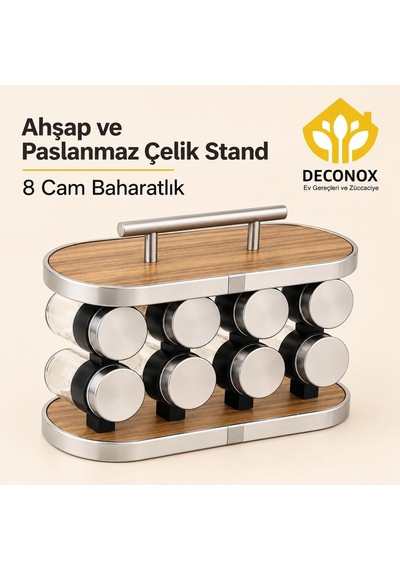 Ahşap Ve Paslanmaz Çelik Standlı 8'li Cam Baharatlık Seti, 8 X 120 Ml, Taşıma Kulplu, İki Sıralı Tezgah Üstü Baharat Düzenleyici, Dökme Başlıklı Diğer