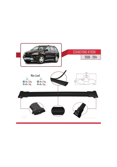 Ssangyong Kyron 2006-2014 Arası İle Uyumlu Fly Model Ara Atkı Tavan Barı Siyah