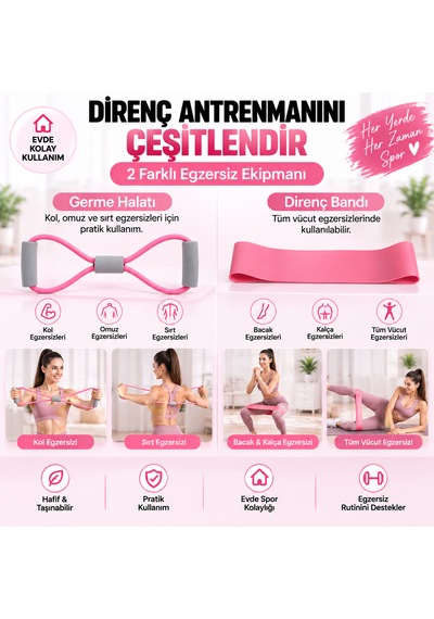 5'li Yoga Pilates Egzersiz Seti Direnç Bandı Elastik Evde Spor Aletleri Pembe