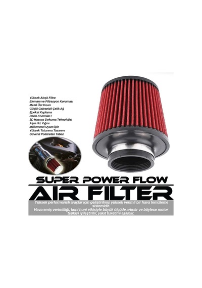 Carub Oto Filtre Performans Hava Filtresi Yüksek Verimli Akışlı Tuning 76mm Girişli Konik 16x15cm Krom Kırmızı
