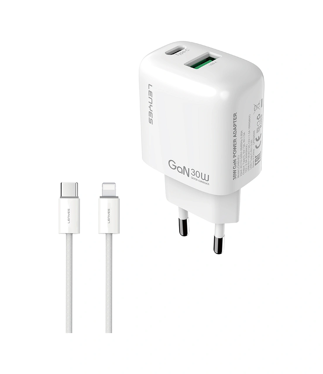 Lenyes Lch93-tc-l Type-c To Lightning Gan Teknolojili Pd Ve Usb Hızlı Şarjlı Şarj Seti 30w Beyaz