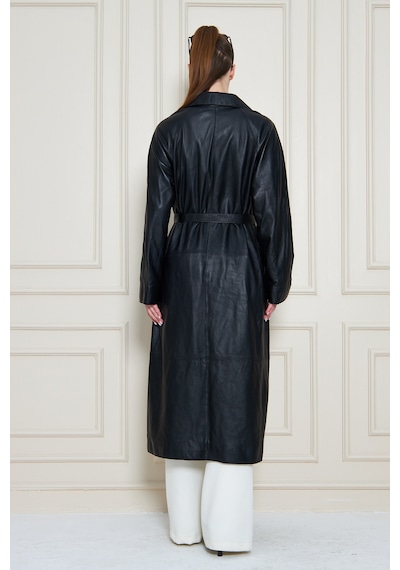 M M Marki Marki Kadın Hakiki Deri Trençkot Siyah, V Yaka, Kuşaklı, Düğme Kapamalı, Oversize, 120 Cm - 117222
