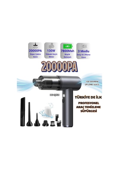 Polham 130w 20.000pa 7800mah Şarjlı Profesyonel Araç Süpürgesi, Led Işıklı Oto Süpürge Ve Üfleme Makinası