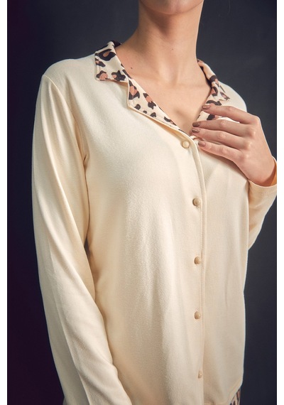 Fullamoda Leopar Desenli Gömlek Yaka 2 Li Pijama Takımı 24mıcg631216532-bej Bej
