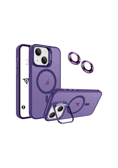 iPhone Uyumlu 14 Plus / 15 Plus Kamera Koruma Stantlı Magsafe Destekli Lens Koruyucu Telefon Kılıfı Mor
