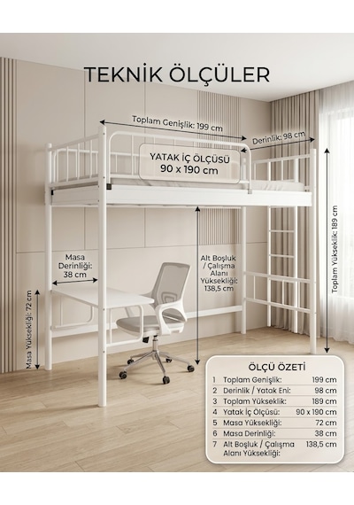 Prime Genç Çocuk Odası Metal Ranzalı Çalışma Masalı Karyola 90 x 190 CM Prime Genç Çocuk Odası Metal Ranzalı Çalışma Masalı Karyola 90 x 190 CM