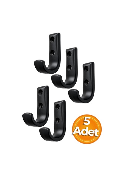 Metal Duvar Askısı, J Tipi, 5x3x1.8 Cm, Montaj Vidaları Dahil, 5 Adet, Renk Seçenekleri Siyah