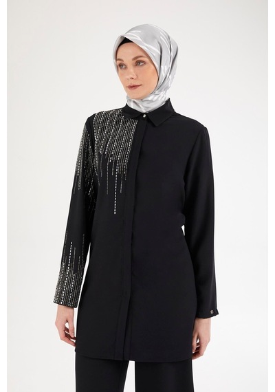 Armine Trend Taş Detaylı Gömlek Yaka İkili Takım-siyah 25yt602